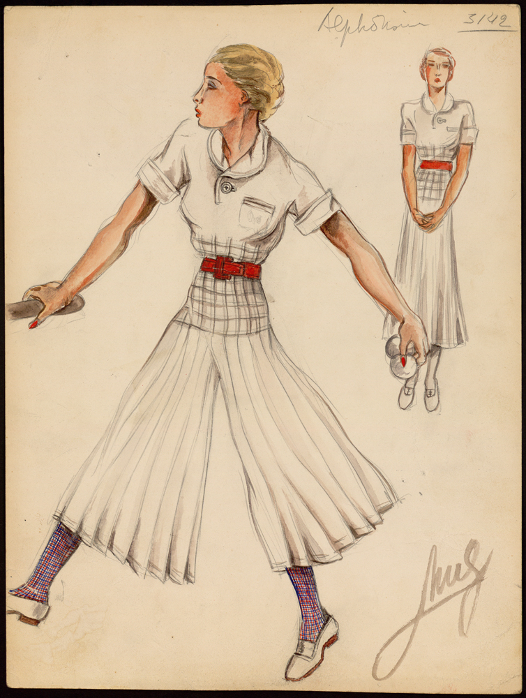 Jean Patou — Muguette Bulher, croquis d’un modèle de tennis France, 1934-1937 Crayon et gouache sur papier © Les Arts Décoratifs / Christophe Dellière.