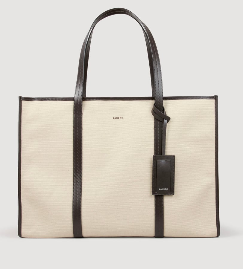 cabas en toile beige et cuir noir sandro