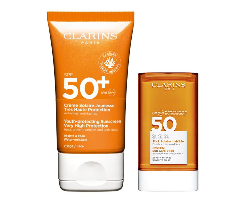 Crème Solaire Jeunesse Très Haute Protection SPF 50+, Stick Solaire Invisible SPF50, Clarins. 