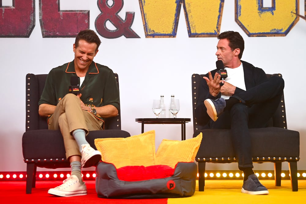 LONDON, ENGLAND - JULY 12: (L-R) Hugh Jackman and Emma Corrin attend the UK Press Conference for Marvel Studios' "Deadpool & Wolverine" at the Corinthia Hotel on July 12, 2024 in London, England. (Photo by Eamonn M. McCormack/Getty Images for The Walt Disney Company Limited)