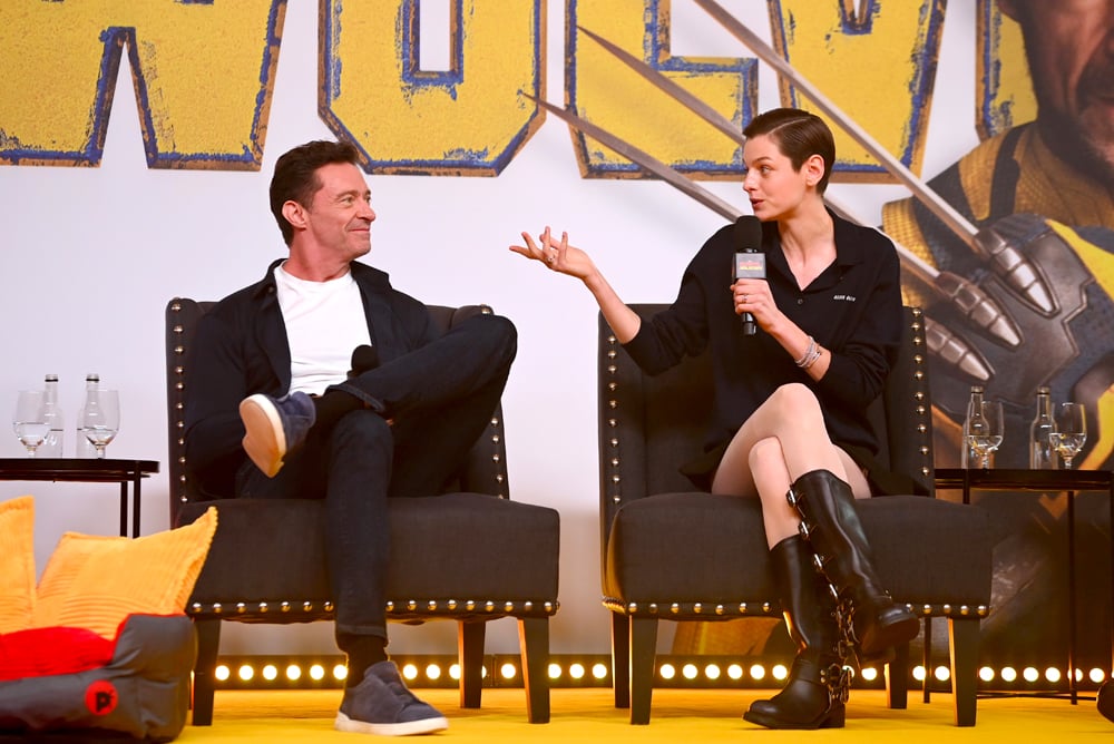 LONDON, ENGLAND - JULY 12: (L-R) Hugh Jackman and Emma Corrin attend the UK Press Conference for Marvel Studios' "Deadpool & Wolverine" at the Corinthia Hotel on July 12, 2024 in London, England. (Photo by Eamonn M. McCormack/Getty Images for The Walt Disney Company Limited)