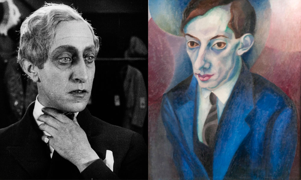 Extrait de “Dr. Mabuse le joueur” de Fritz Lang (1922) © Friedrich-Wilhelm-Murnau-Stiftung, Wiesbaden. Heinrich Maria Davringhausen, “Homme en habit bleu” (1915). © Osthaus Museum Hagen, photo : Nicolas Schönherr, Herscheid, © succession Davringhausen.