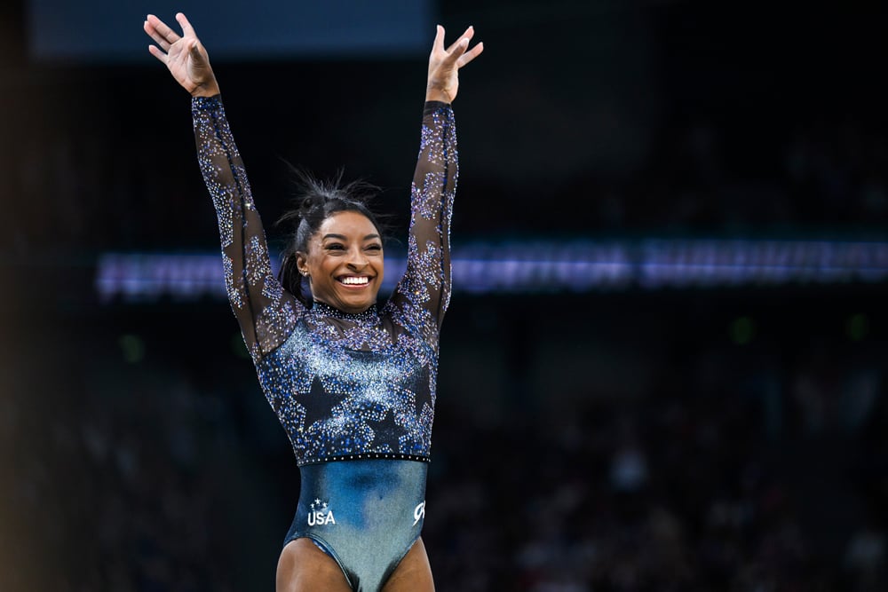 Simone Biles à la Bercy Arena, le 28 juillet 2024, durant les Jeux Olympiques de Paris 2024. Photo par Tom Weller/VOIGT/GettyImages.