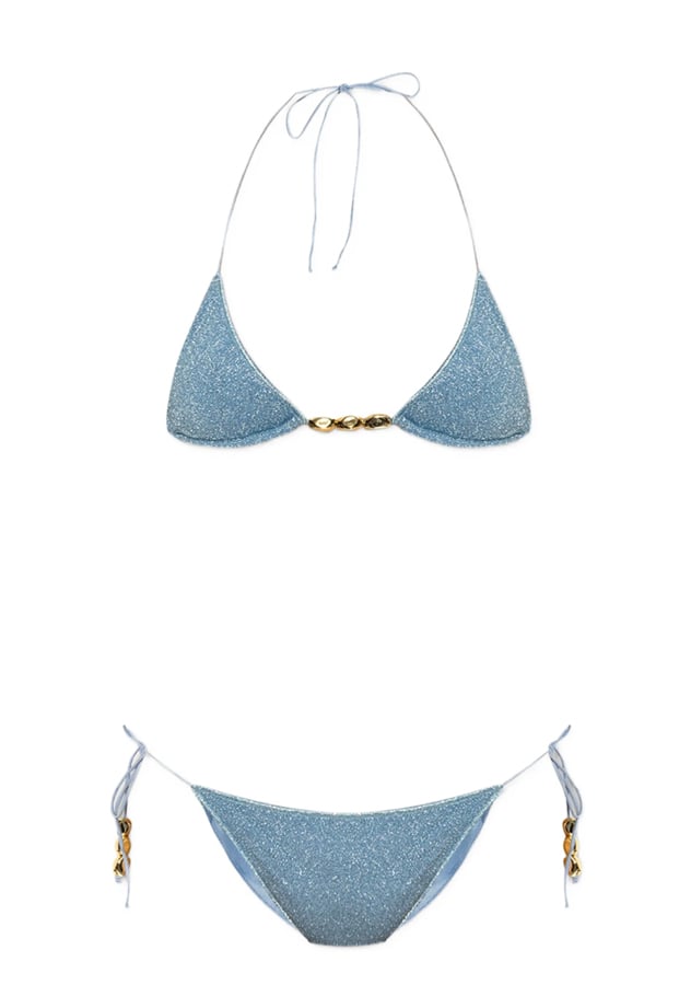 bikini bleu à paillettes et bijoux dorés oseree