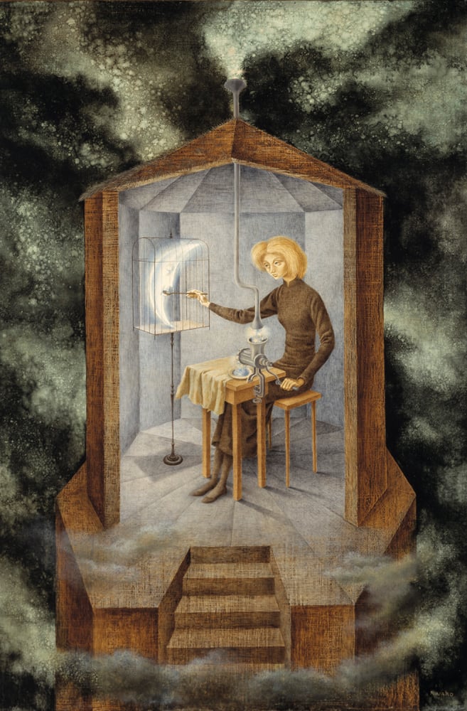 Remedios Varo, “Papilla estelar / Celestial Pablum” (1958). Huile sur masonite. 91,5 × 60,7 cm. FEMSA Collection © FEMSA Collection © Adagp, Paris, 2024.