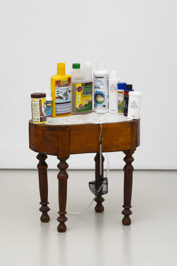 Trevor Yeung, Fully Prepared Paradise (2023). Équipements pour aquarium, tubes de centrifugeuse, bouteilles, vieux bidet et eau, 65 x 47 x 31 cm. © Aurélien Mole. Courtesy of the artist and Galerie Allen, Paris.