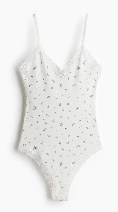 body blanc à imprimé fleuri avec détails en dentelle h&m