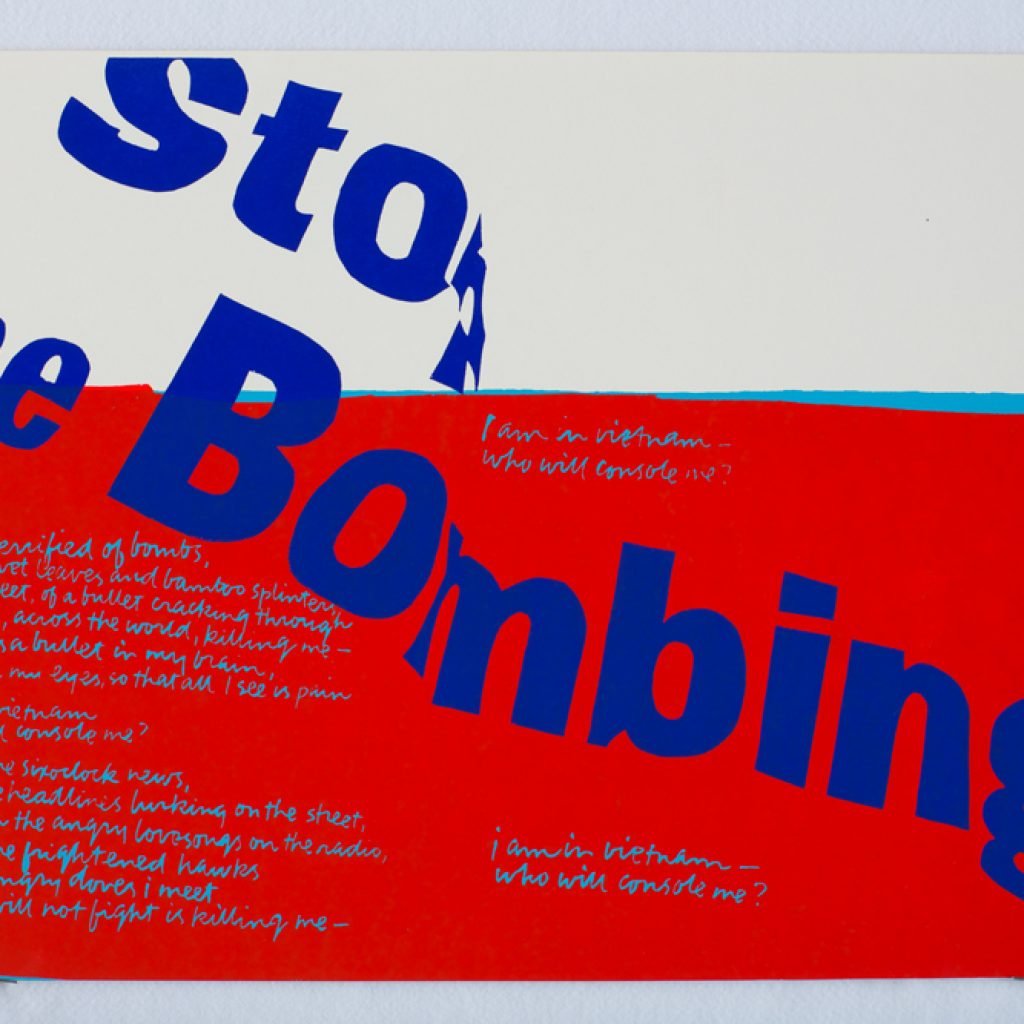 Corita Kent, "stop the bombing" (1967). © 2024, Corita Art Center, corita.org.