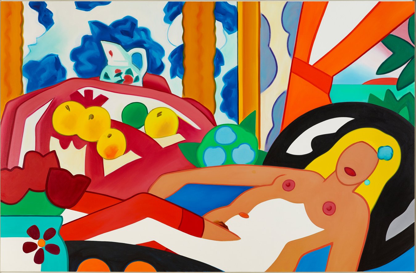 Tom Wesselmann, Sunset Nude with Matisse Apples on Pink Tableclo (2023), huile sur toile 205,7 x 315 cm © Jeffrey Sturges.