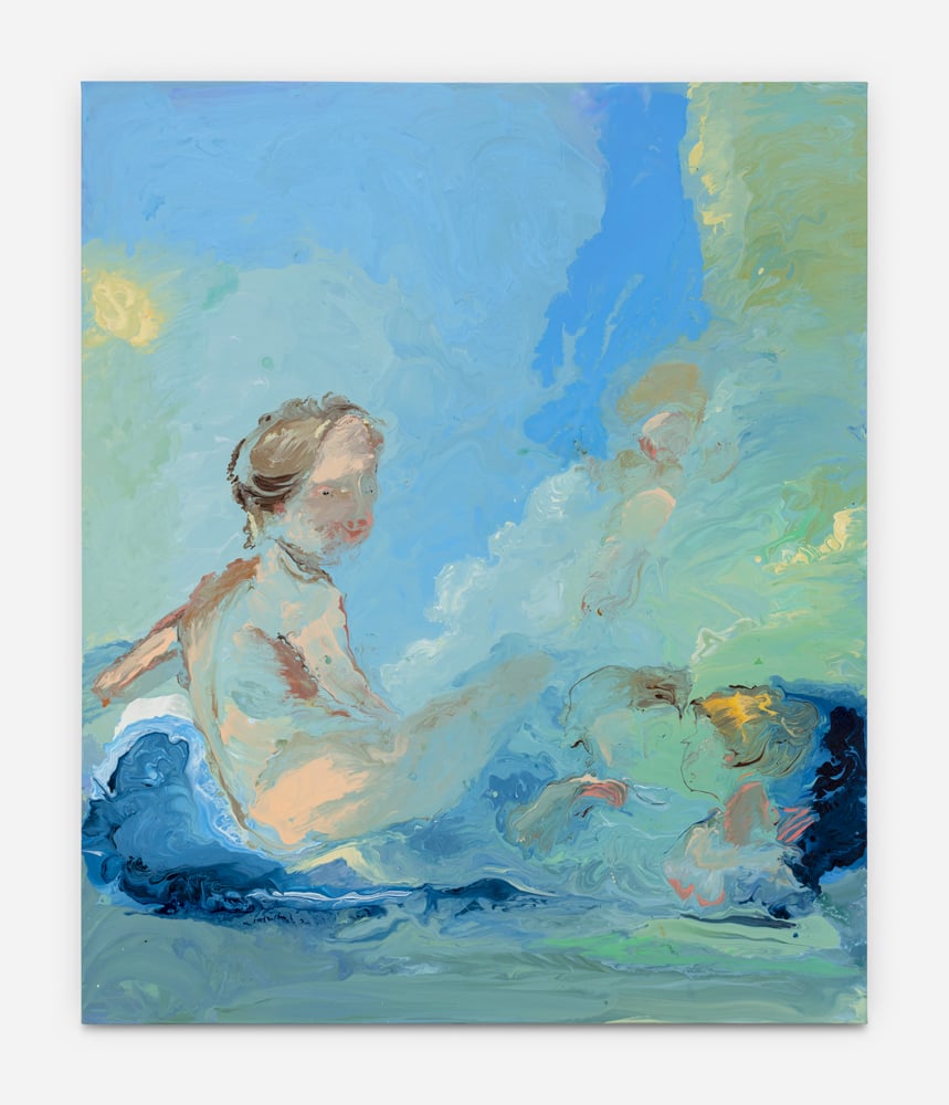 Genieve Figgis, Floating on a cloud with Cherubs after Boucher, 2024, Acrylic on canvas, aluminium frame, 120 x 100 x 3 cm © Courtesy of the artist and Almine Rech. exposition unearthly pursuits