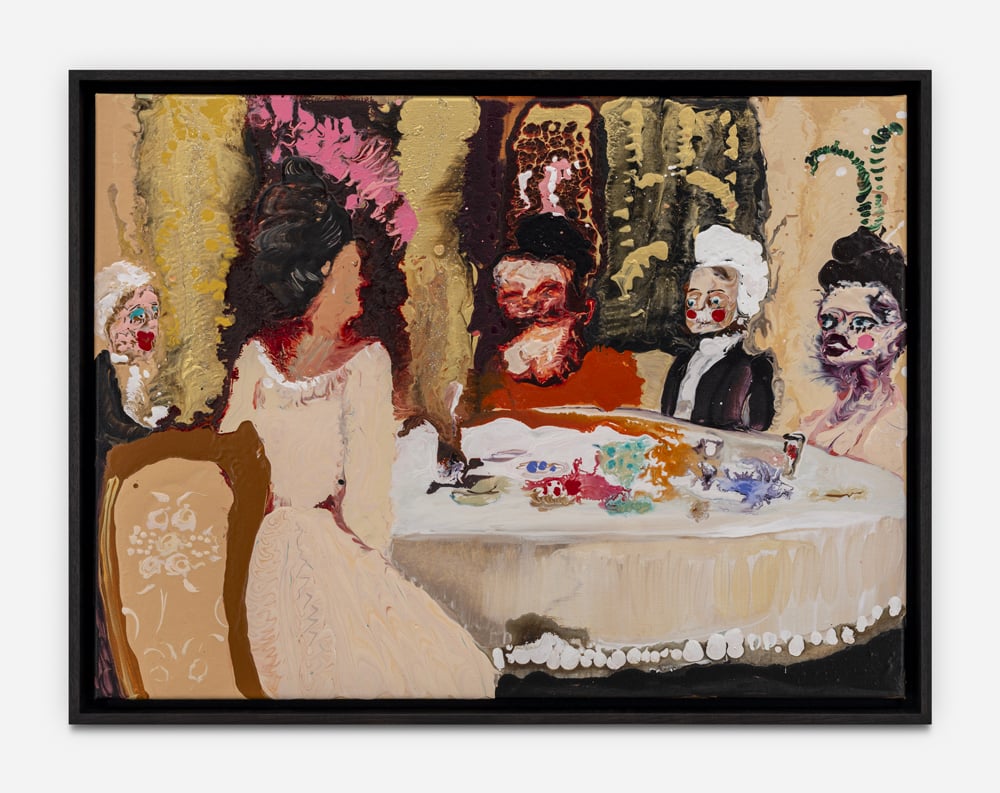 Genieve Figgis, Dinner guests, 2024, acrylique sur toile, 46 x 61 x 2 cm. © Courtesy of the artist and Almine Rech. exposition unearthly pursuits