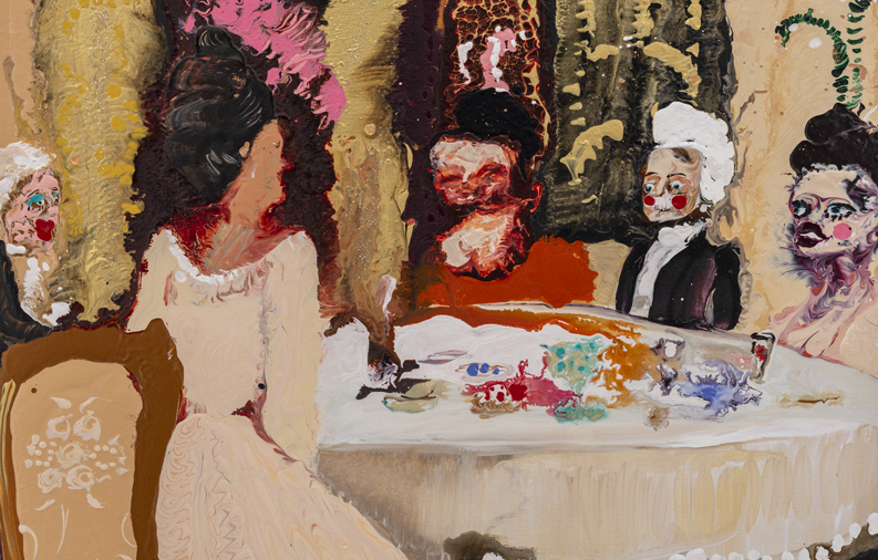 Genieve Figgis, Dinner guests, 2024, acrylique sur toile, 46 x 61 x 2 cm. © Courtesy of the artist and Almine Rech.