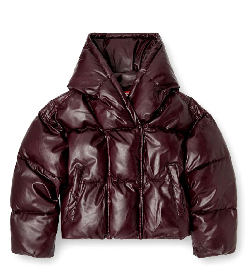 doudoune bordeaux oversized à capuche et en tissu enduit diesel