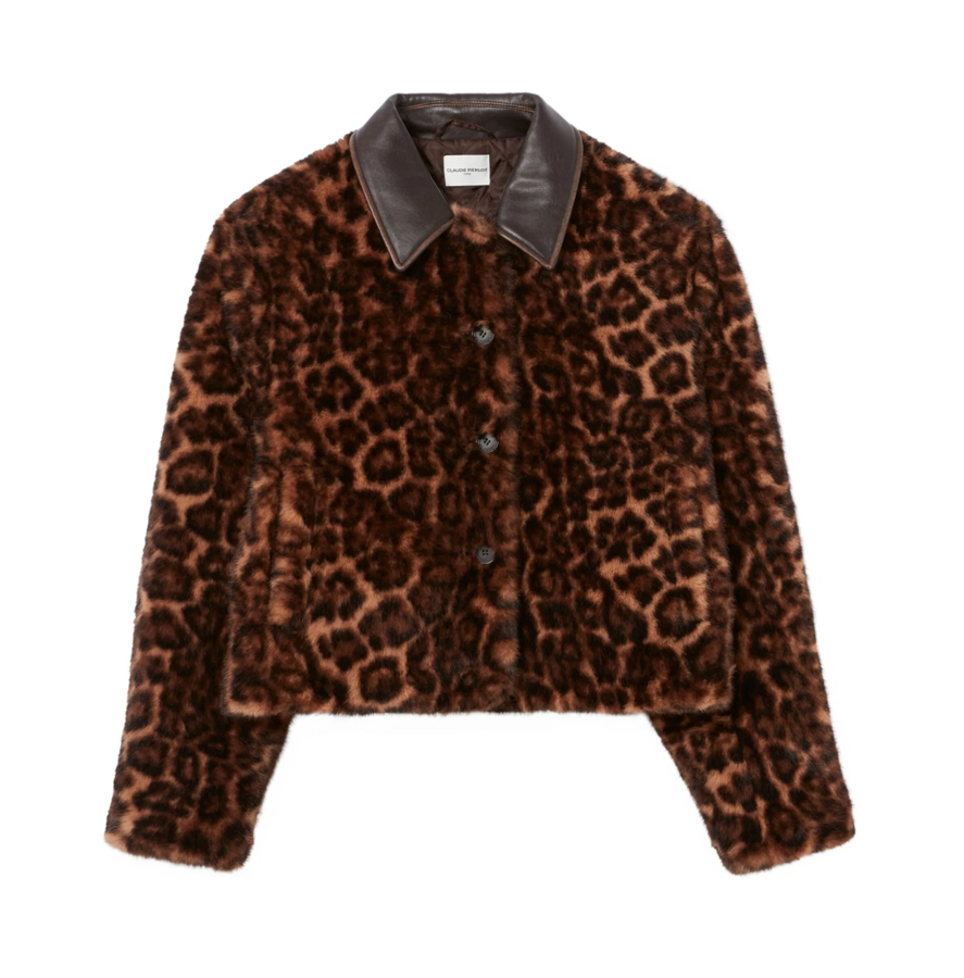 veste en fausse fourrure à imprimé leopard et liseré en cuir claudie pierlot
