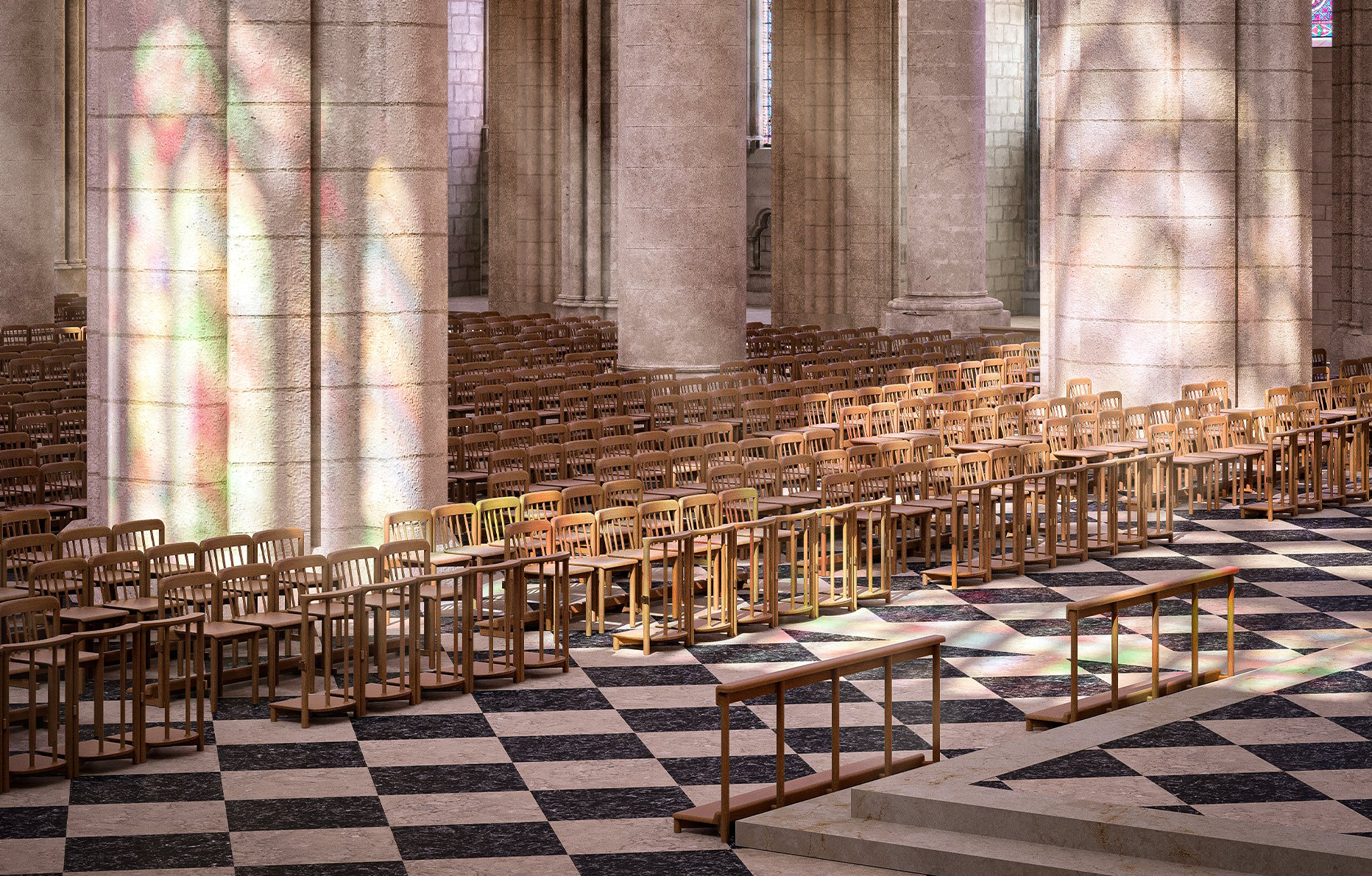 Les chaises d'Ionna Vautrin pour Notre-Dame de Paris. © Photo Arnaud Sabatier.