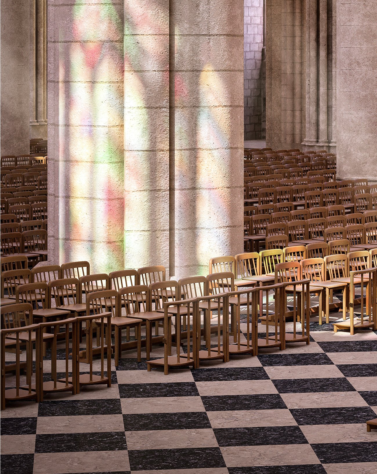 Les chaises d'Ionna Vautrin pour Notre-Dame de Paris. © Photo Arnaud Sabatier.