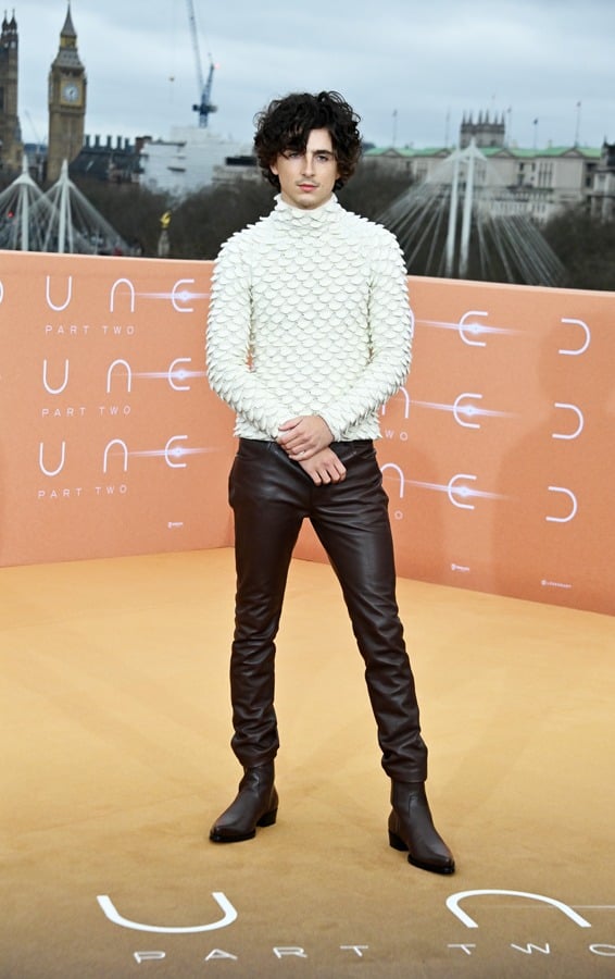 Timothée Chalamet en Bottega Veneta à l'avant-première de Dune 2 à Londres le 14 février 2024. © Photo par Dave Benett/WireImage.