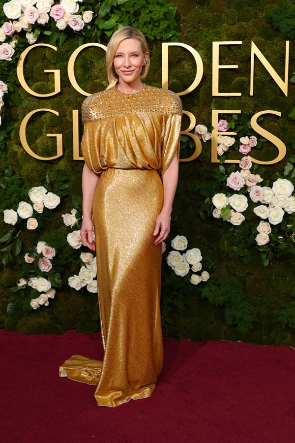 Cate Blanchett en robe Louis Vuitton aux Golden Globes 2025 © Photo by Kevin Mazur/Getty Images.