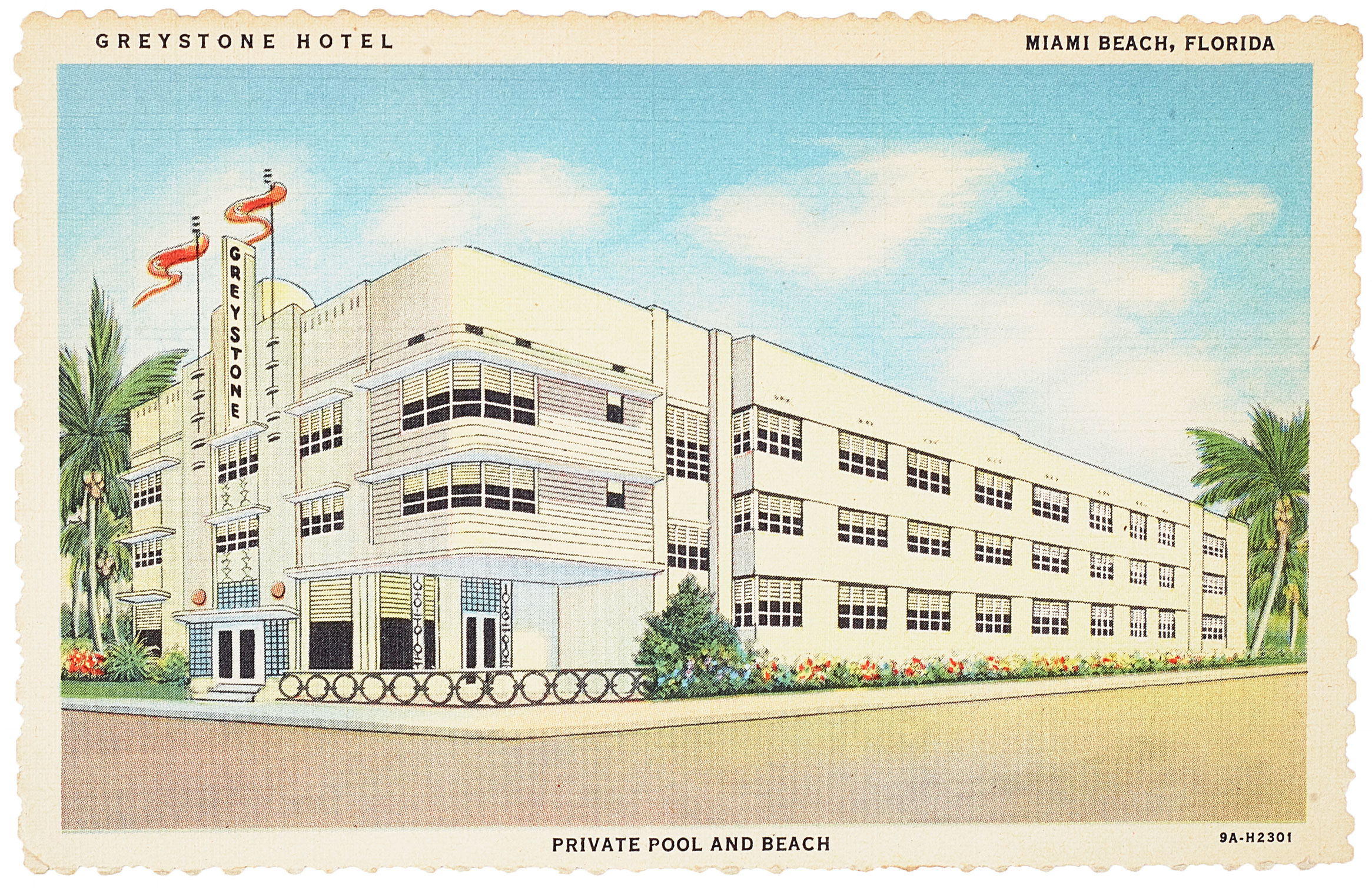 Greystone Hotel, Miami Beach, Floride, c. 1939. Carte postale, Curteich C.T. Photo-Colorit, Chicago, publisher © The Wolfsonian–Florida International University, Miami Beach, Florida, Gift of H. Lawrence Wiggins III - Photo : Lynton Gardiner.