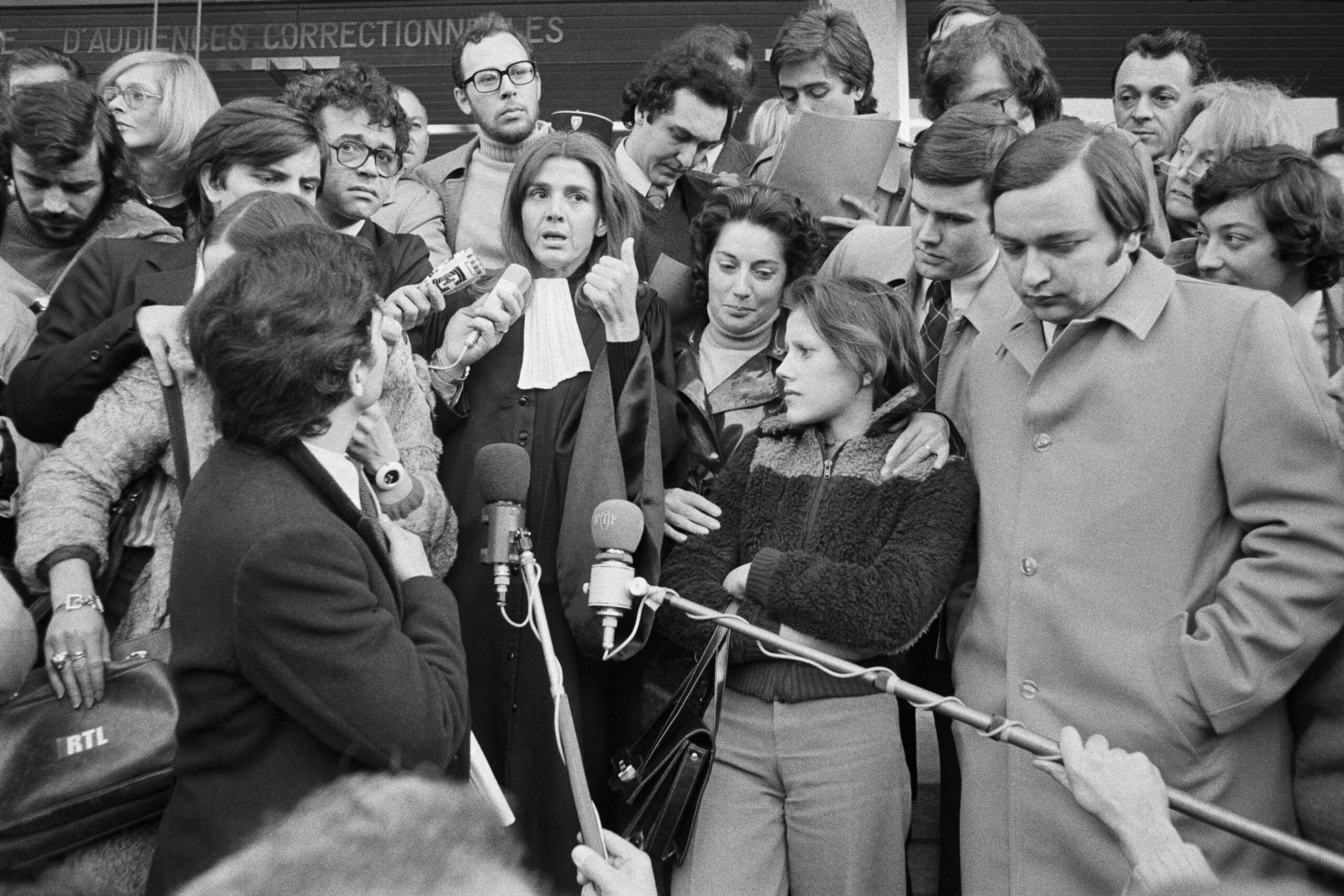 Giselle Halimi gives a press conference with Marie-Claire Chevalier and her mother during their abortion trial. (Photo by Michel Artault/Apis/Sygma/Sygma via Getty Images)