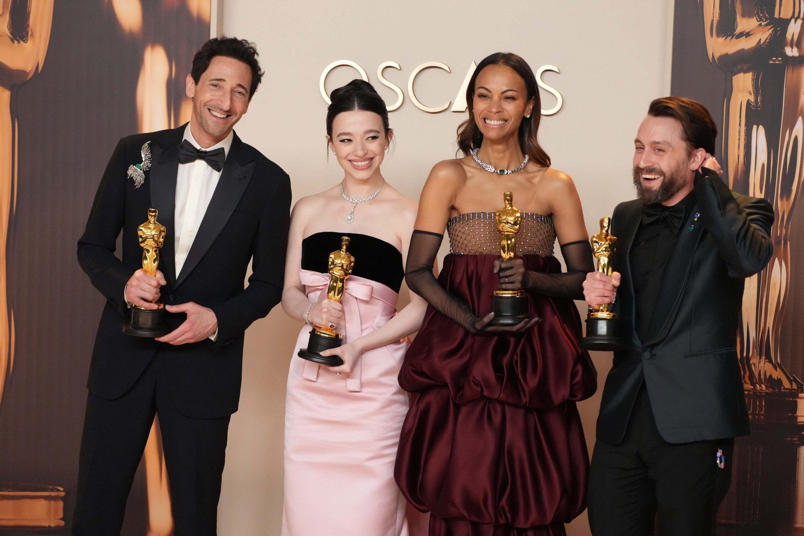 Adrien Brody, Mikey Madison, Zoe Saldaña et Kieran Culkin, aux Oscars au Dolby Theatre, à Hollywood, le 2 mars 2025. Photo par Jeff Kravitz/FilmMagic via Getty Images.