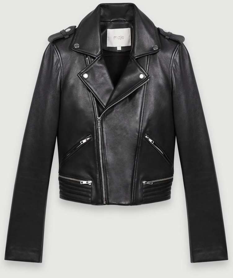 blouson biker court en cuir noir maje