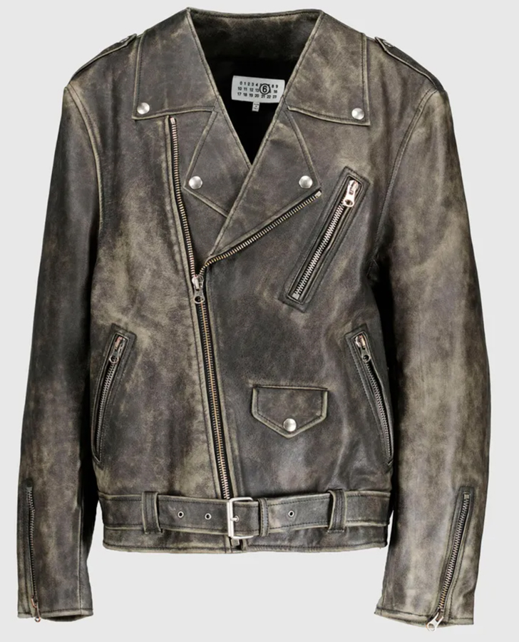 veste biker en cuir à effet vintage mm6 maison margiela 