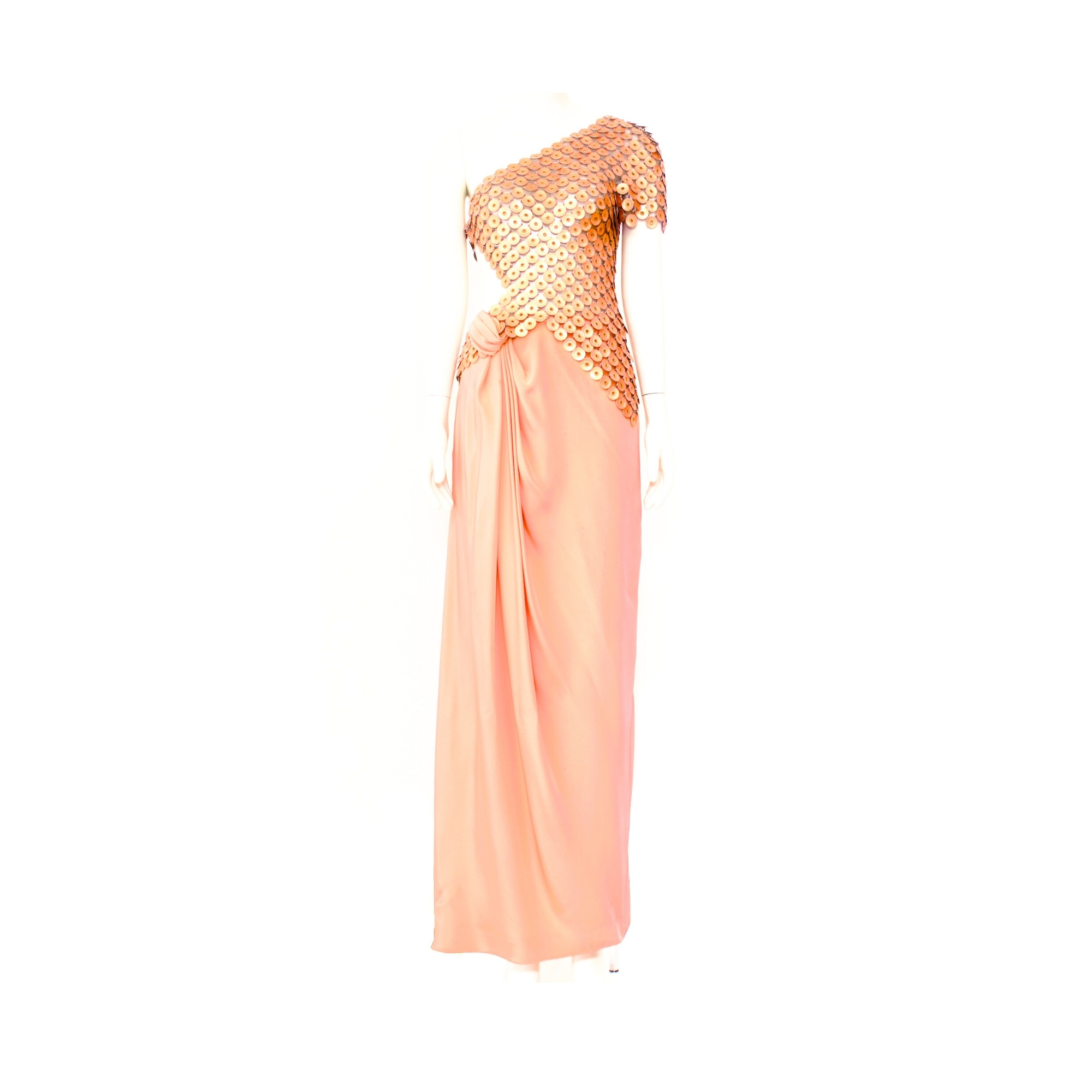 robe saumon corsage métallique et jupe crepe de soir Paco Rabanne printemps-été 1989