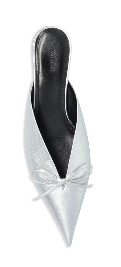 mules petit talon cuir argenté et nœud balenciaga