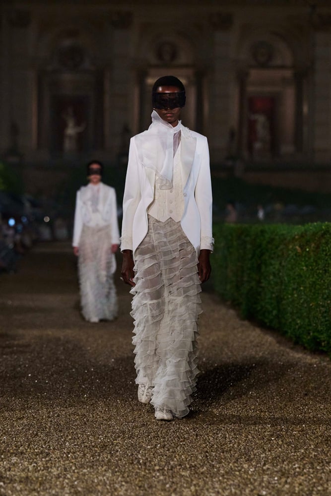 Dior white frill skirt with white suit jacket 