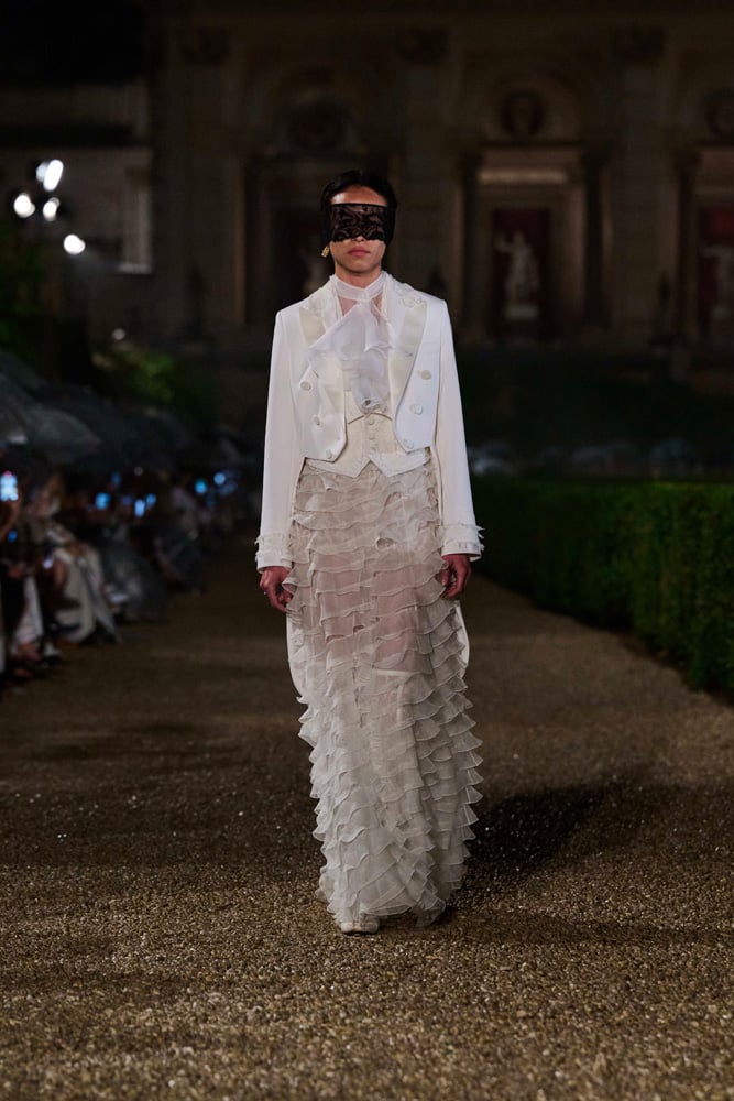 Dior white frill skirt with white suit jacket 