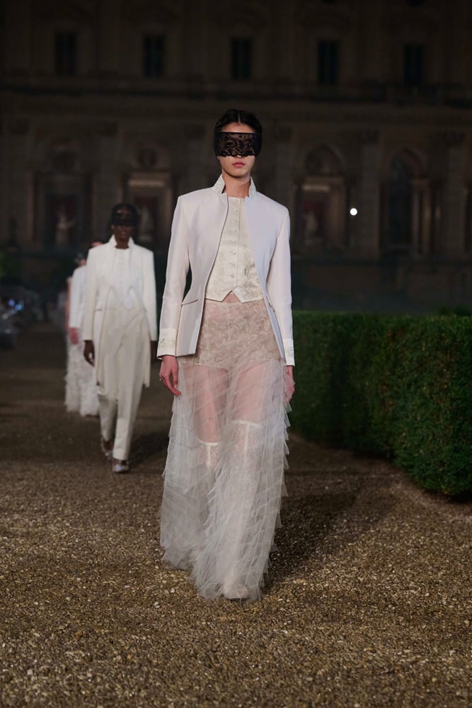 Dior white frill skirt with white suit jacket 