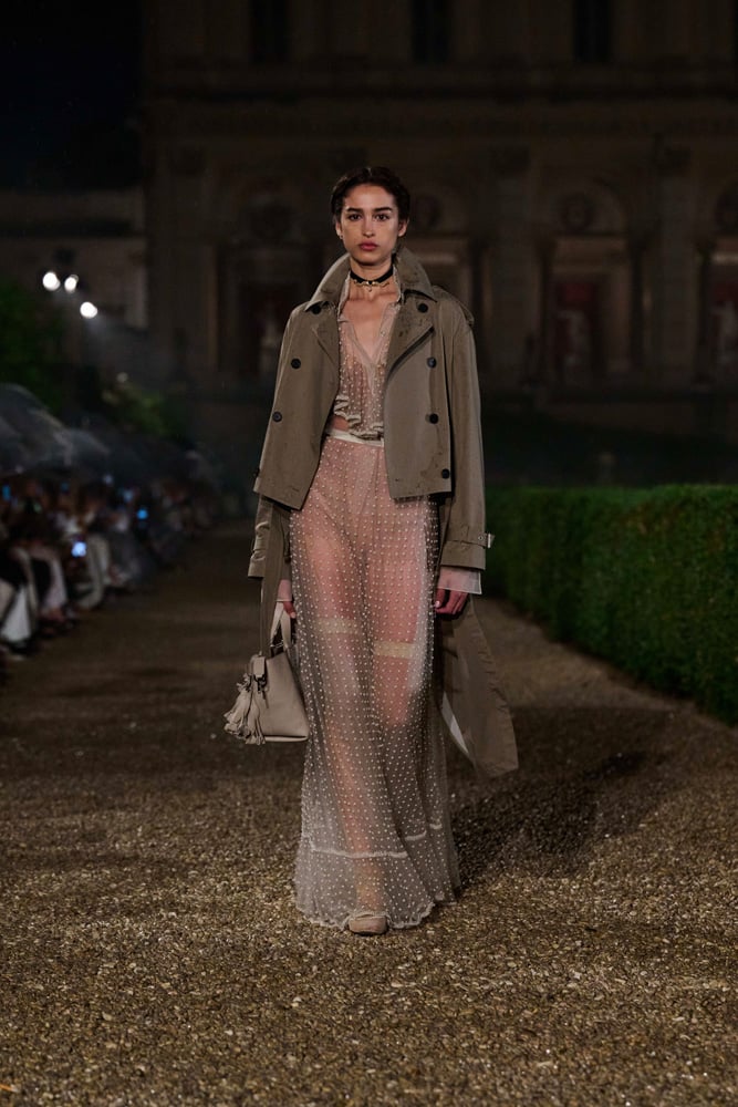Dior Cruise 2026 see-through dress with beige jacket