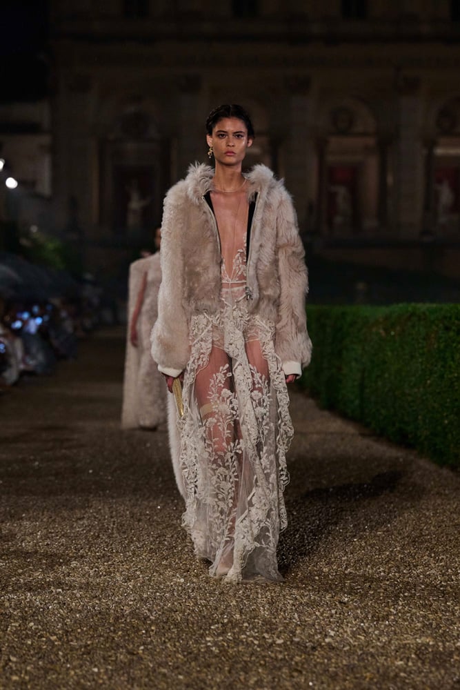 Dior Cruise 2026 white lace dress with fur jacket