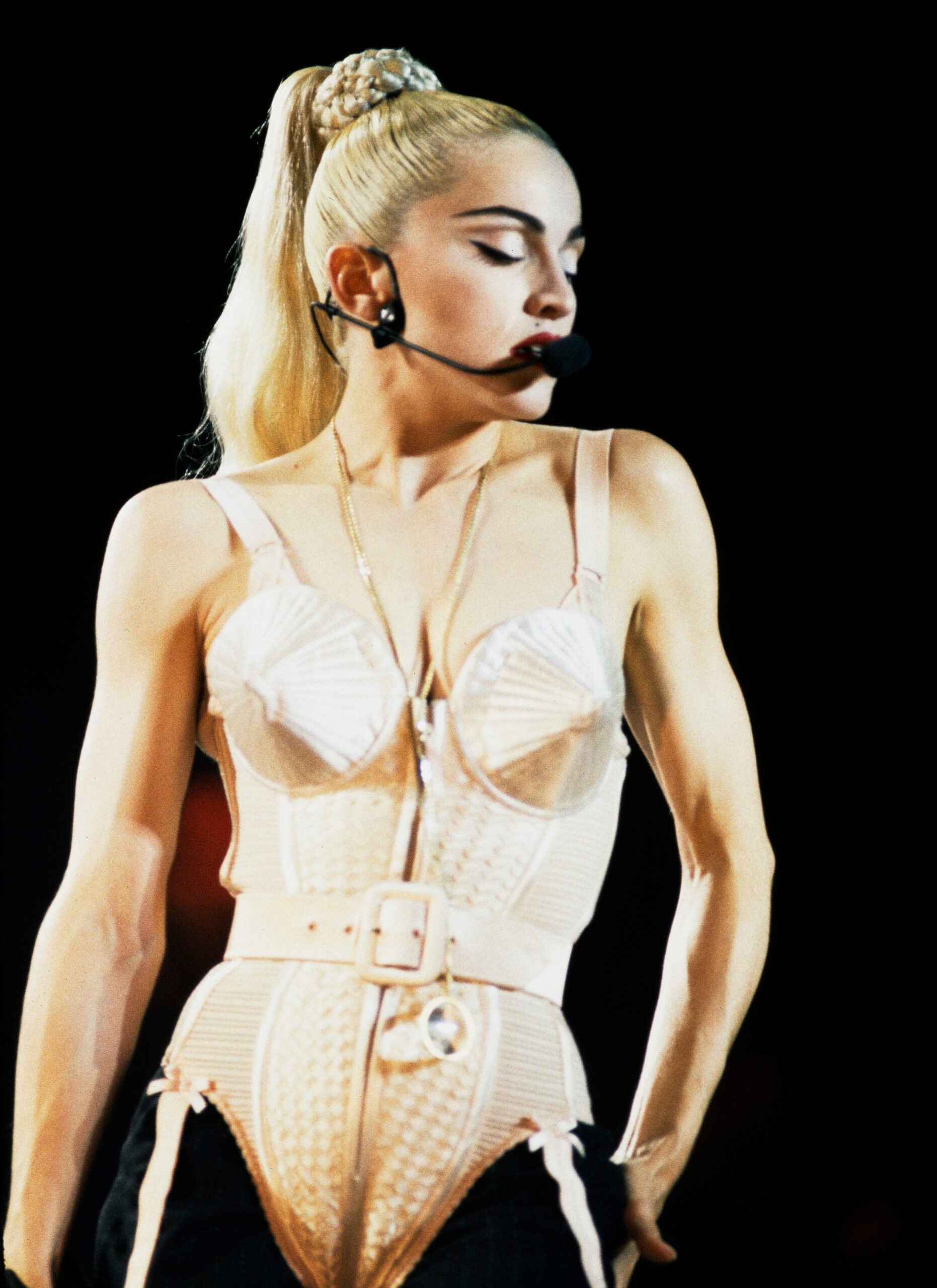 Madonna on Stage, wearing outfit designed by Jean-Paul Gaultier. Los Angeles, 16th May 1990. (Photo by Frank Trapper/Corbis via Getty Images)