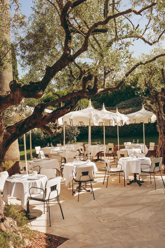 La terrasse du restaurant située à l'ombre des arbres centenaires.