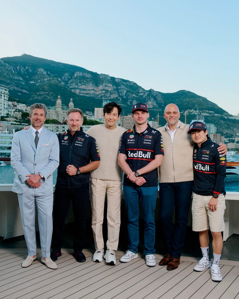 Patrick Dempsey, Christian Horner, Lee-Jung Jae, Max Verstappen, Antoine Pin et Yuki Tsunoda à la soirée Tag Heuer au grand prix de Monaco 2025.