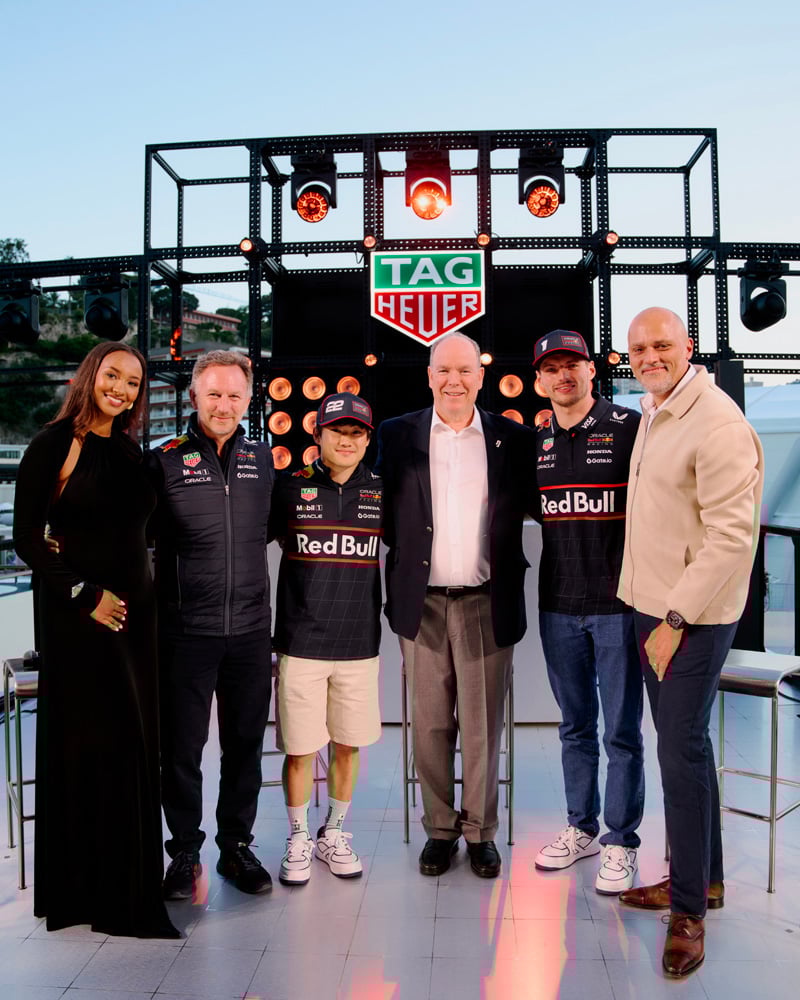 Naomi Schiff, Christian Horner, Yuki Tsunoda, Max Verstappen et Antoine Pin à la soirée Tag Heuer au grand prix de Monaco 2025.