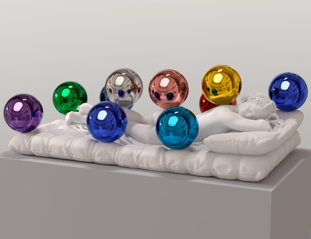 Jeff Koons, *(Sleeping Hermaphrodite) Gazing Balls*, 2025
Plâtre et verre, 60.6 x 179.5 x 100.3 cm
Edition 1 d'une édition de 3 plus 1 AP
© Jeff Koons