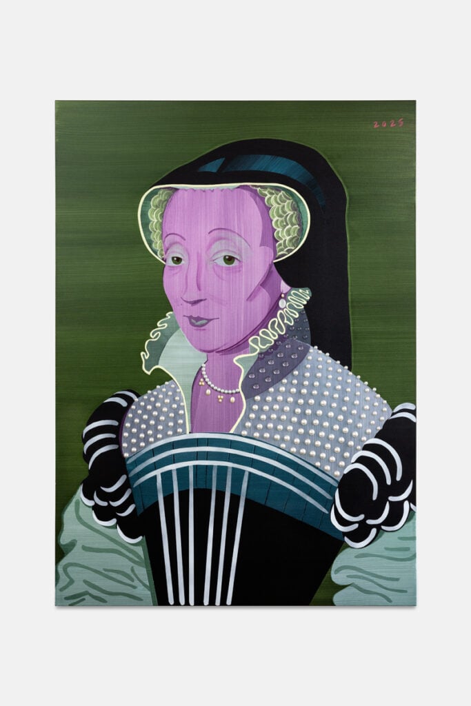 Nina Childress, *Dame after Clouet*, 2025 Acrylique, pigments iridescents et phosphorescents, peinture aérosol, huile, huile interférence sur toile, cabochons plastique et cristal, colle époxy, 210 × 150 cm Courtesy de l'artiste, de la galerie Art : Concept, Paris et Nathalie Karg gallery, New York Copyright : © Adapg, Paris, 2025 / Photo : © Romain Darnaud.