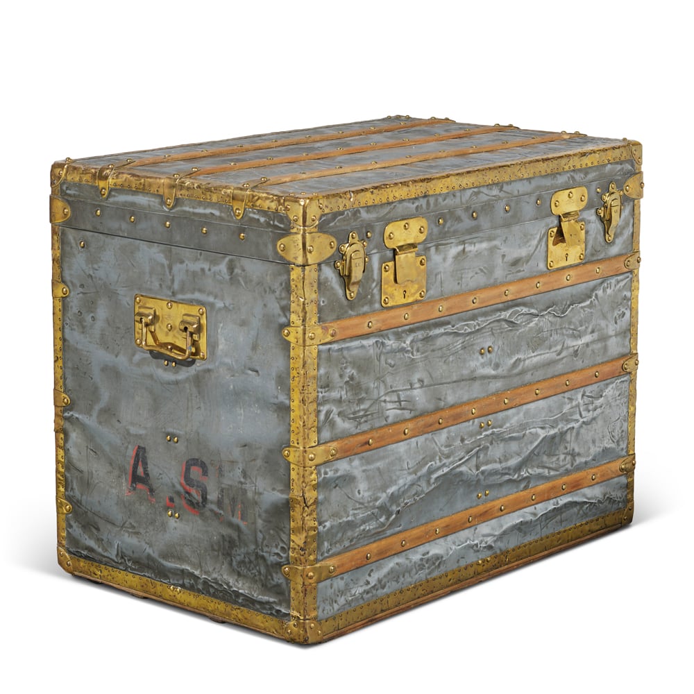 Hermetic zinc explorer trunk with brass hardware, Louis Vuitton, 1889, auctioned by Christie's in Paris.