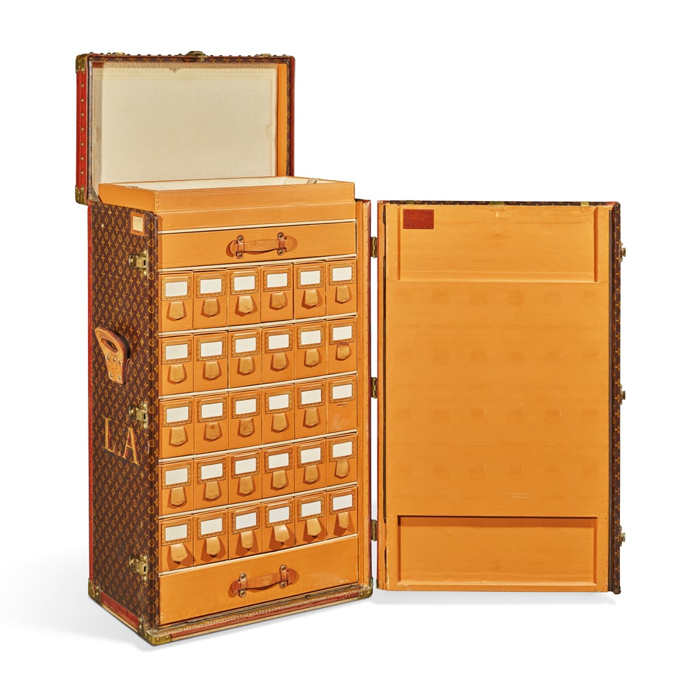 Monogram canvas desk trunk with brass hardware, Louis Vuitton, 1929, auctioned by Christie's in Paris.