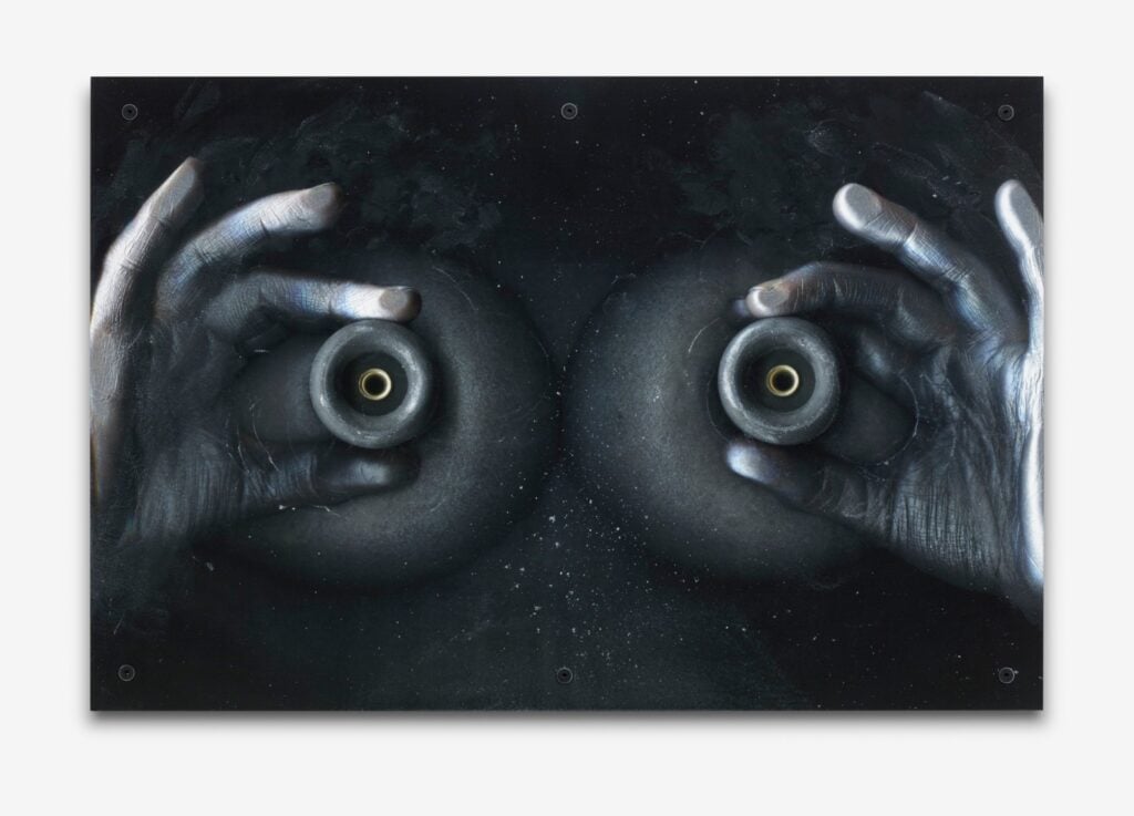 Lucie Stahl<br>Machinist I, 2019<br>Inkjet print mounted on aluminium, plexiglass, steel screws<br>70 x 105 cm<br>Fitzpatrick Gallery<br>Basel Social Club