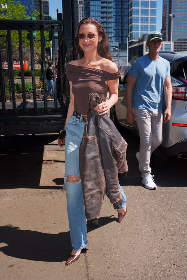 Bella Hadid wearing Chanel rectangular sunglasses