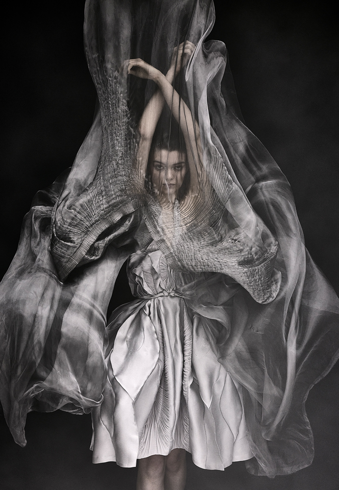 Photograph of the Orchidée dress by Yiqing Yin exhibited as part of the Yiqing Yin exhibition in Calais.