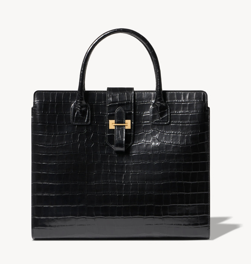 black crocodile embossed leather satchel by Nili Lotan
