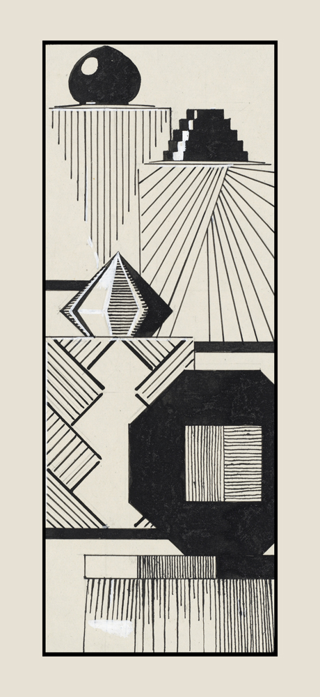 Maquette publicitaire pour flacons et  brosses, 1927. Dessin a l'encre noire et a la gouache blanche, avec trace sous-jacent au graphite sur papier velin.