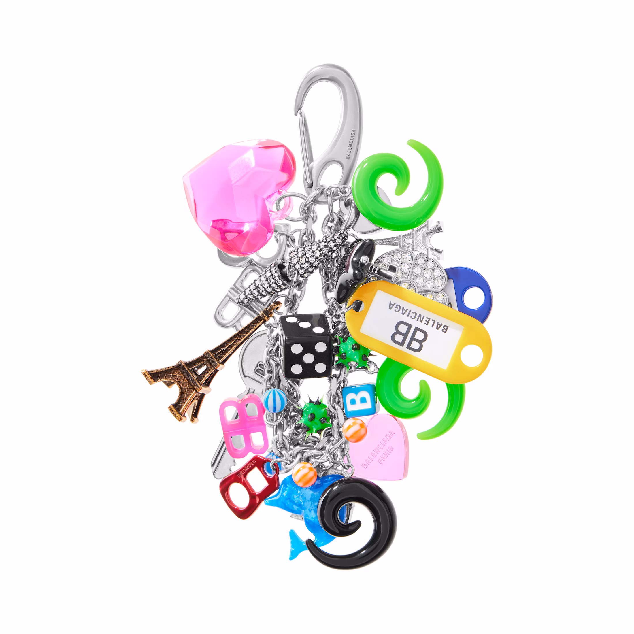 Le Charm/Porte-Clés Pigalle Collector argenté et multicolore en laiton, zamak, résine, silicone, nylon recyclé avec strass est issu du look 53 de la Collection Balenciaga pour l’Hiver 2024.
