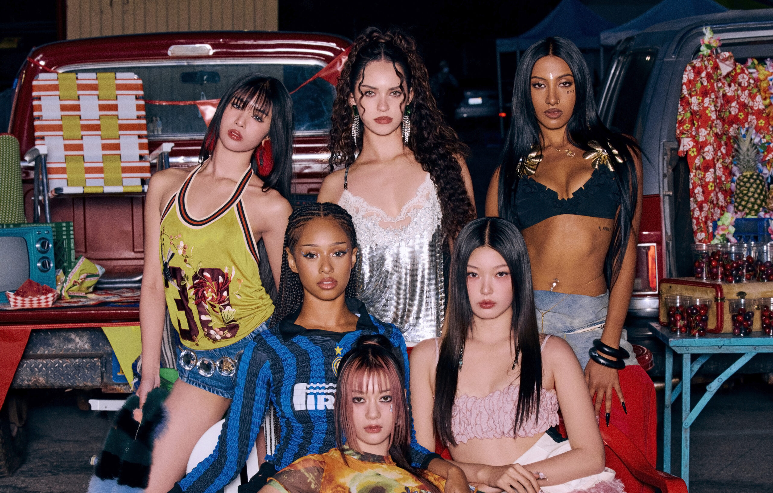 Le groupe Katseye : Sophia Laforteza, Daniela Avanzini et Lara Raj au premier rang, Yoonchae Jeung et Manon Bannerman au second rang, et Megan Skiendiel au troisième rang.