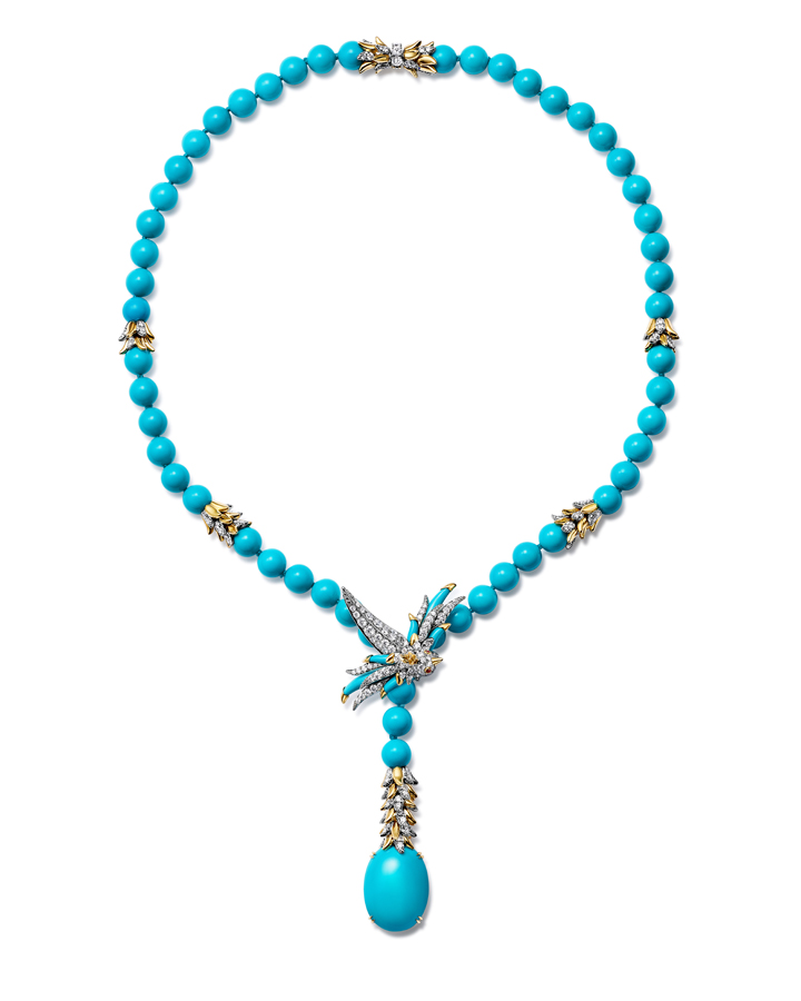 collier en platine or turquoise et diamants tiffany & co bird on a rock